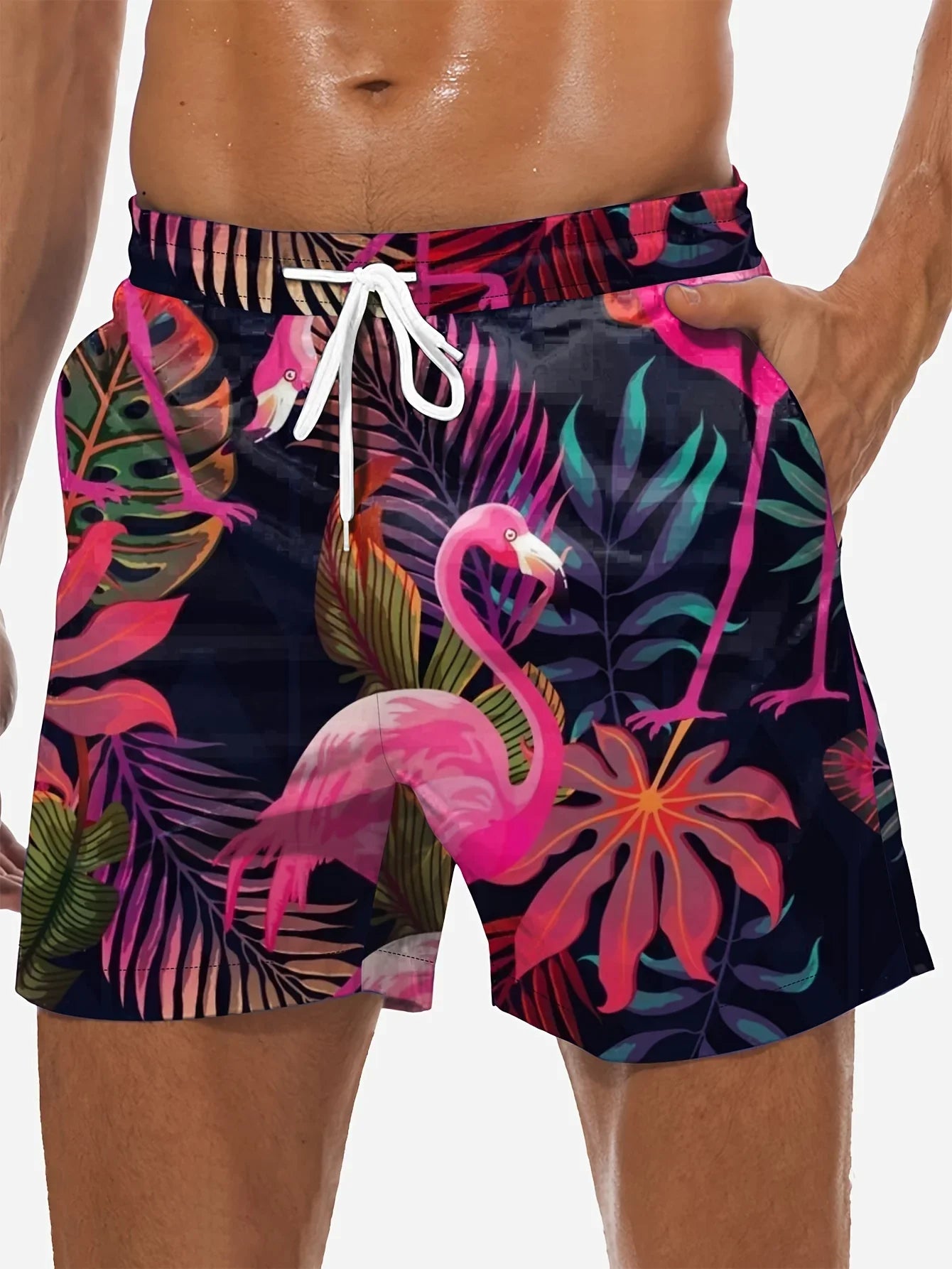 lockere Strandshorts ,Shorts mit Kordelzug und schnell trocknendem Flamingo-Muster, leichte Einzelschicht-Shorts ohne Netzinnenfutter - tif-shop24.de