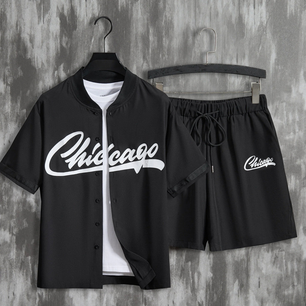 2Pcs Briefdruck Trendy Outfits , Casual Kurzarm-Baseballtrikots Und Kordelzug-Shorts-Set F�fcr Den Sommer Urlaub - tif-shop24.de