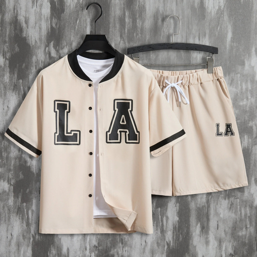 2Pcs Briefdruck Trendy Outfits , Casual Kurzarm-Baseballtrikots Und Kordelzug-Shorts-Set F�fcr Den Sommer Urlaub - tif-shop24.de