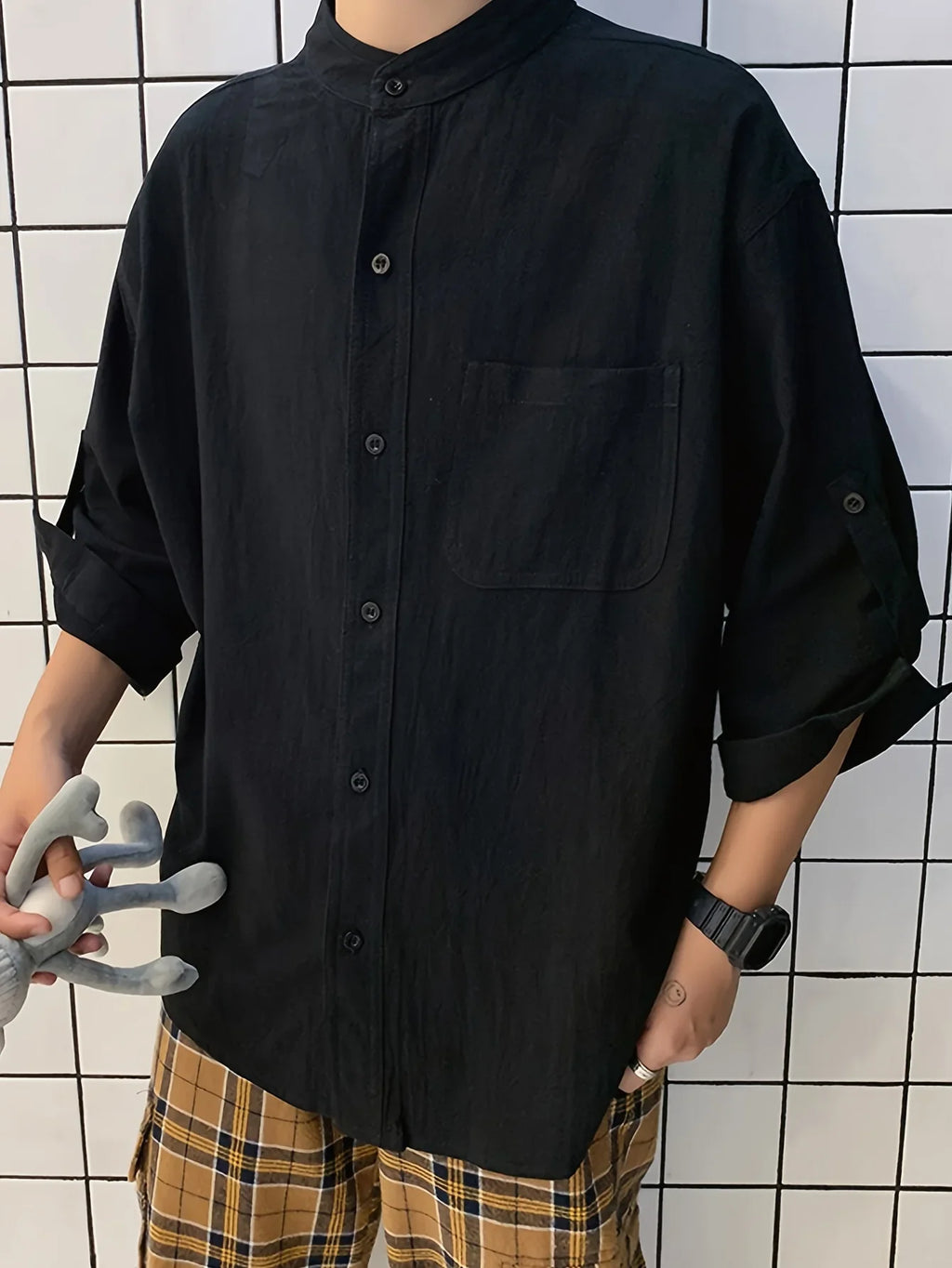 Stilvolles Baumwolle Locker Solides Hemd, Lässig Atmungsaktives Revers-Knopf Kurzarmhemd - tif-shop24.de