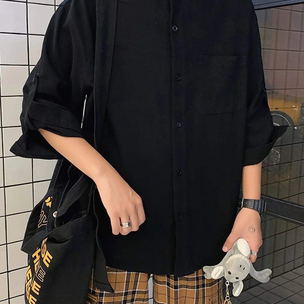 Stilvolles Baumwolle Locker Solides Hemd, Lässig Atmungsaktives Revers-Knopf Kurzarmhemd - tif-shop24.de