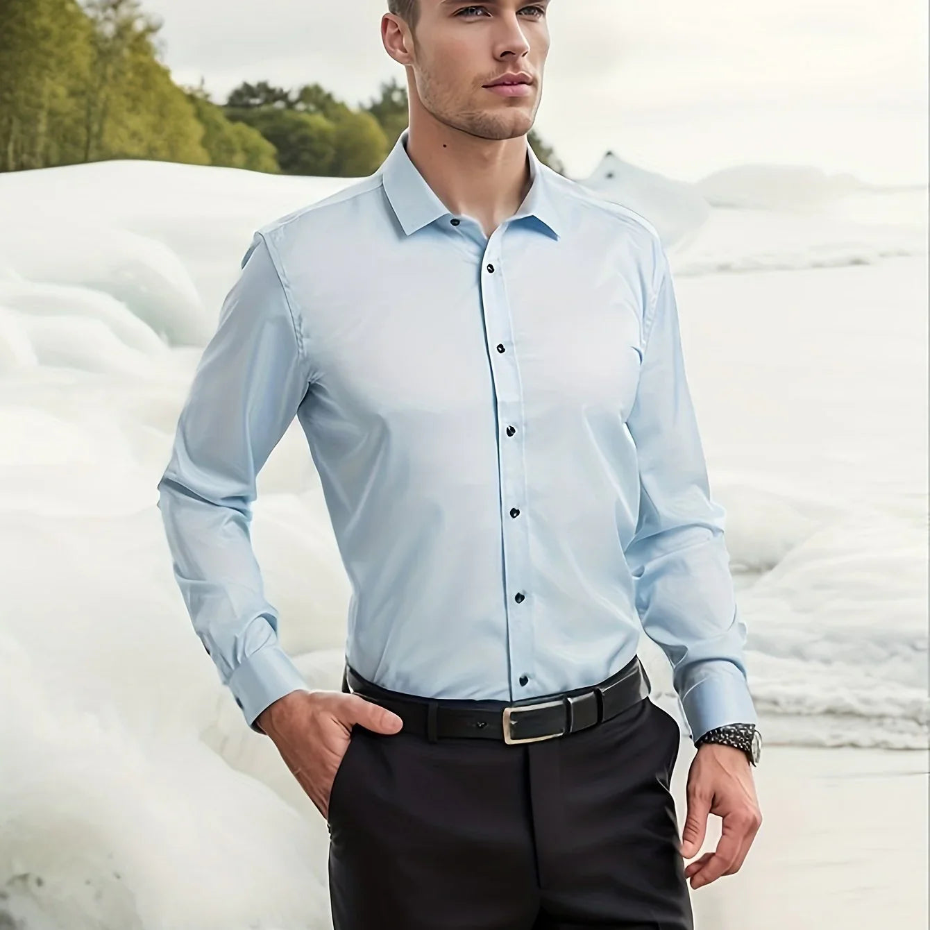 Bügelfreies , Umlegekragen, Lange Ärmel, Reguläre Passform, Solides, Tägliches Business-formelles Hemd - tif-shop24.de