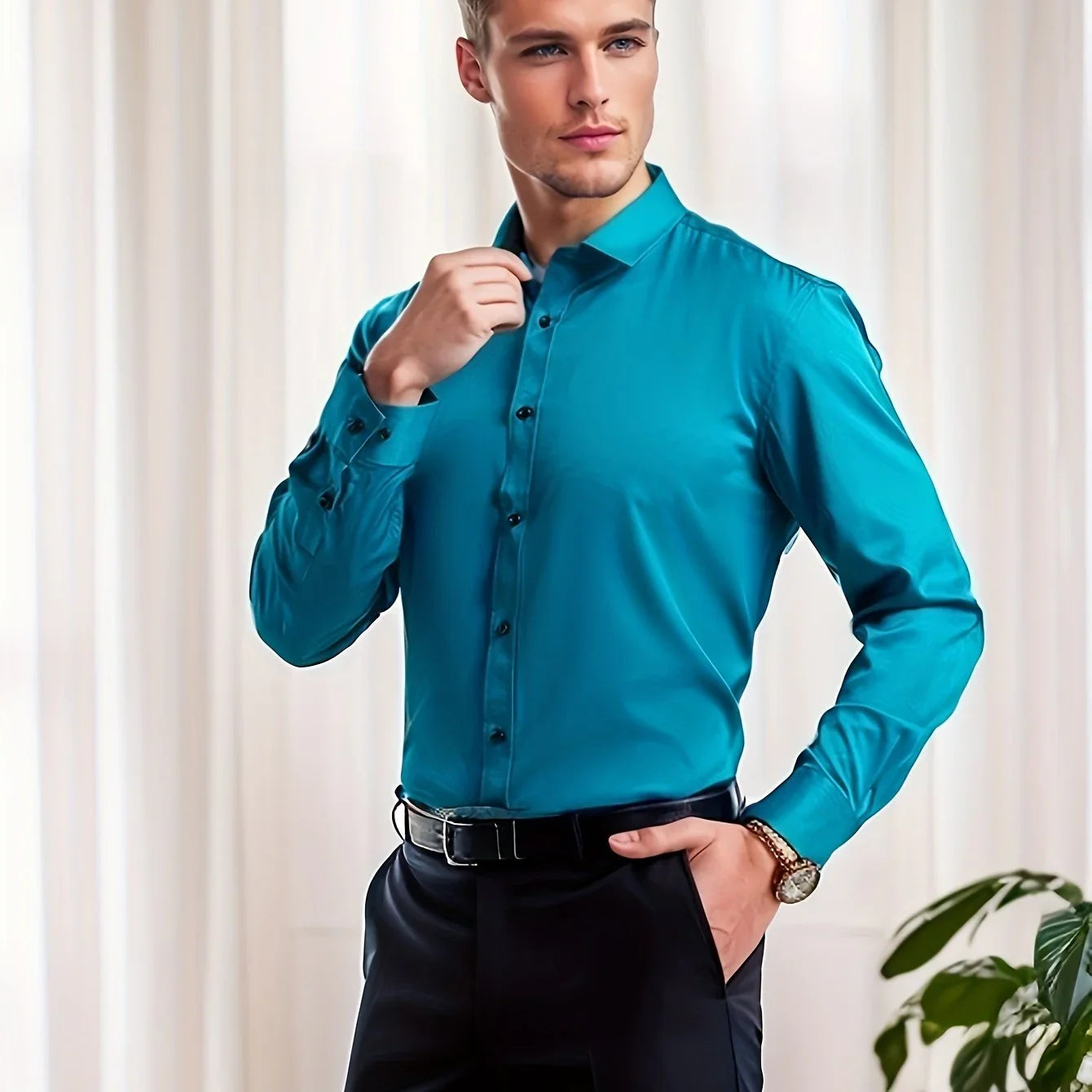 Bügelfreies , Umlegekragen, Lange Ärmel, Reguläre Passform, Solides, Tägliches Business-formelles Hemd - tif-shop24.de