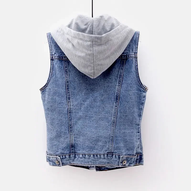 Kurze Denim Weste Abnehmbare Kapuze Seitentaschen Ärmellose Jeans Jacke - tif-shop24.de