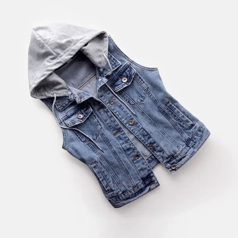 Kurze Denim Weste Abnehmbare Kapuze Seitentaschen Ärmellose Jeans Jacke | tif-shop24.de