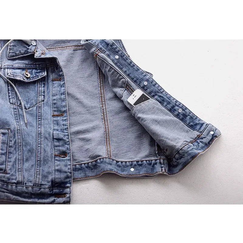 Kurze Denim Weste Abnehmbare Kapuze Seitentaschen Ärmellose Jeans Jacke | tif-shop24.de