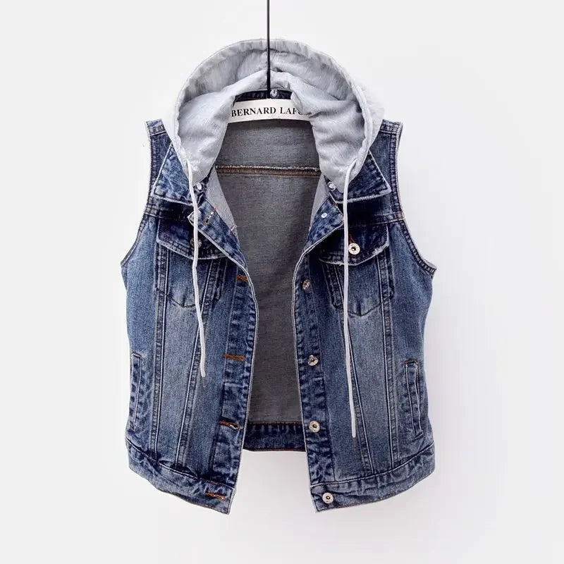 Kurze Denim Weste Abnehmbare Kapuze Seitentaschen Ärmellose Jeans Jacke - tif-shop24.de
