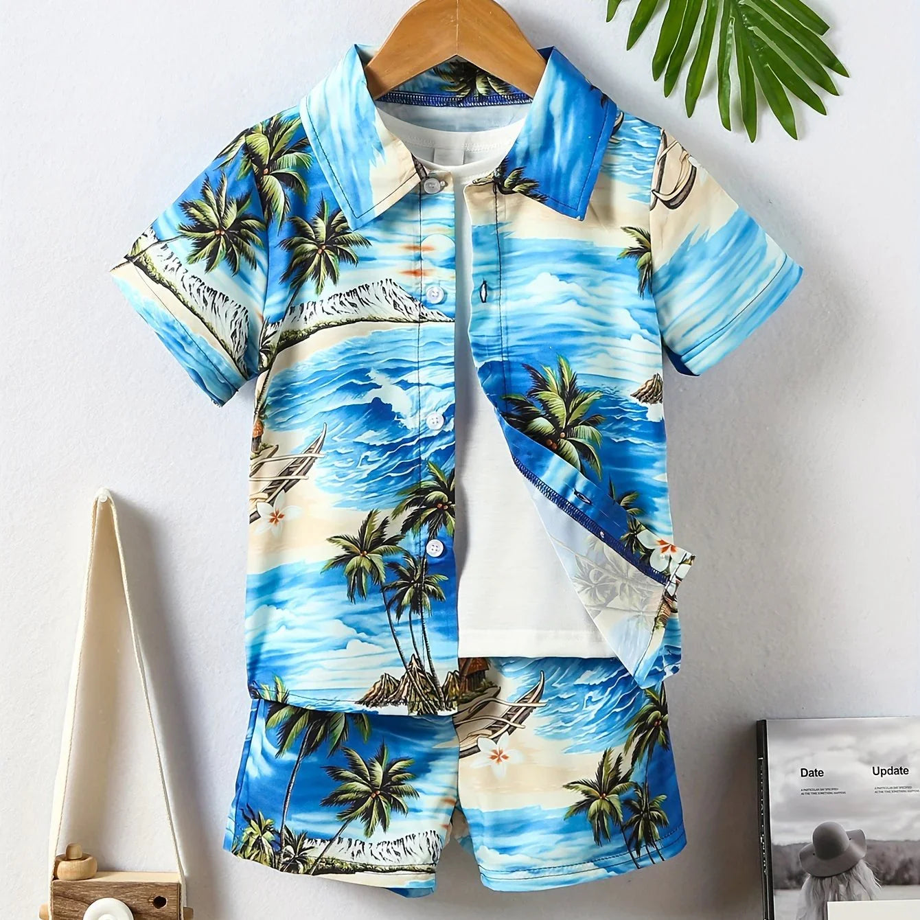 Jungen 2-teiliges Lässiges Strand-Kokosnussbaum-Druck-Kurzarm-Lapels-Shirt Und Shorts-Set, Geeignet Für Jungen-Sommer-Strandpartys - tif-shop24.de
