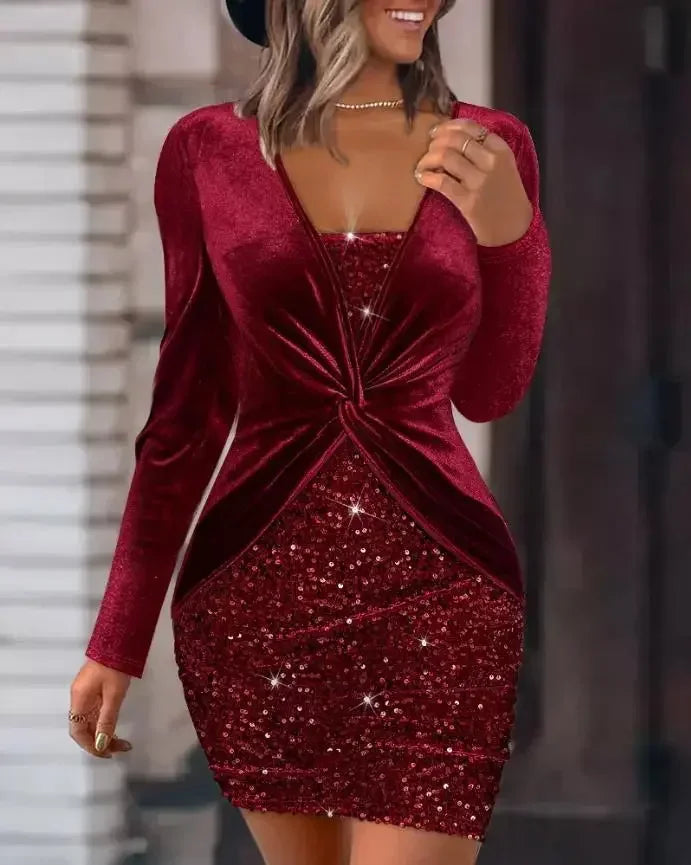 Mode Pailletten Sexy V-Ausschnitt Langarm Plissee Hohe Taille Gewickelt Hüfte Kurzes Elegante Dünne Kleid | tif-shop24.de