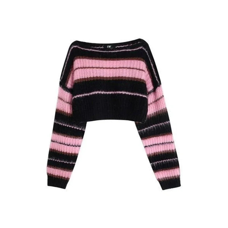 Goth Black Pink Striped Cropped Sweater | tif-shop24.de