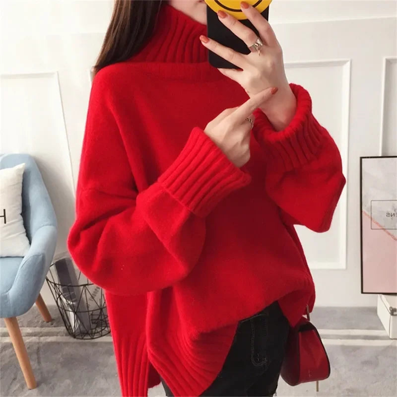 High Quality Soft Thick Warm Red High Collar Knitted Pullover Sweater Loose Casual Turtleneck Knit Jumper - tif-shop24.de