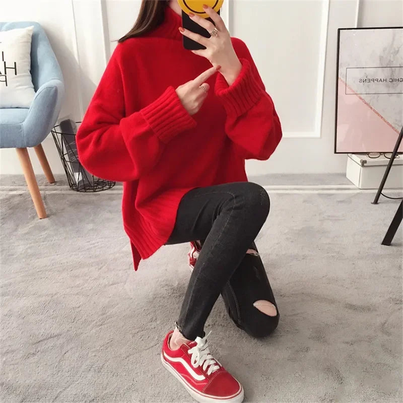 High Quality Soft Thick Warm Red High Collar Knitted Pullover Sweater Loose Casual Turtleneck Knit Jumper | tif-shop24.de