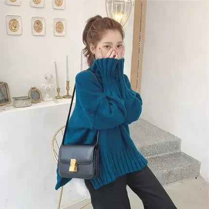 High Quality Soft Thick Warm Red High Collar Knitted Pullover Sweater Loose Casual Turtleneck Knit Jumper | tif-shop24.de