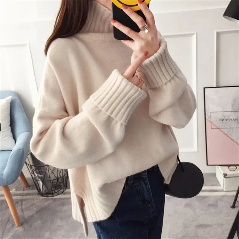 High Quality Soft Thick Warm Red High Collar Knitted Pullover Sweater Loose Casual Turtleneck Knit Jumper | tif-shop24.de