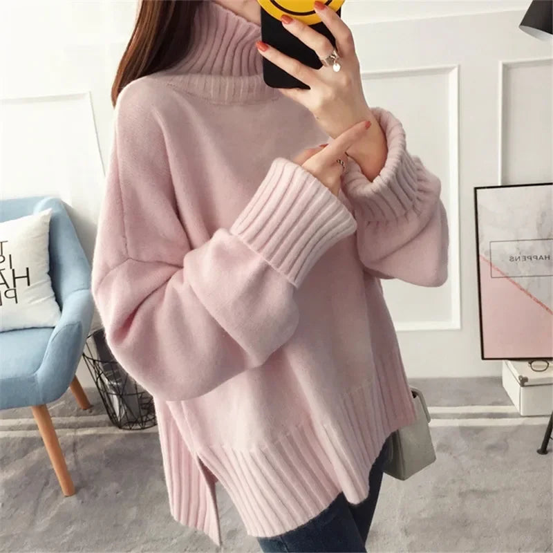 High Quality Soft Thick Warm Red High Collar Knitted Pullover Sweater Loose Casual Turtleneck Knit Jumper | tif-shop24.de