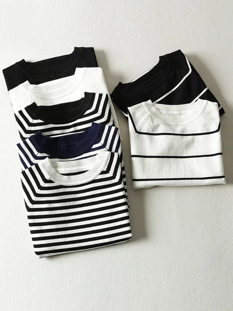 Short Sleeve Striped Sweater Knitted O-Neck Tops Korean Pull Jumper | tif-shop24.de