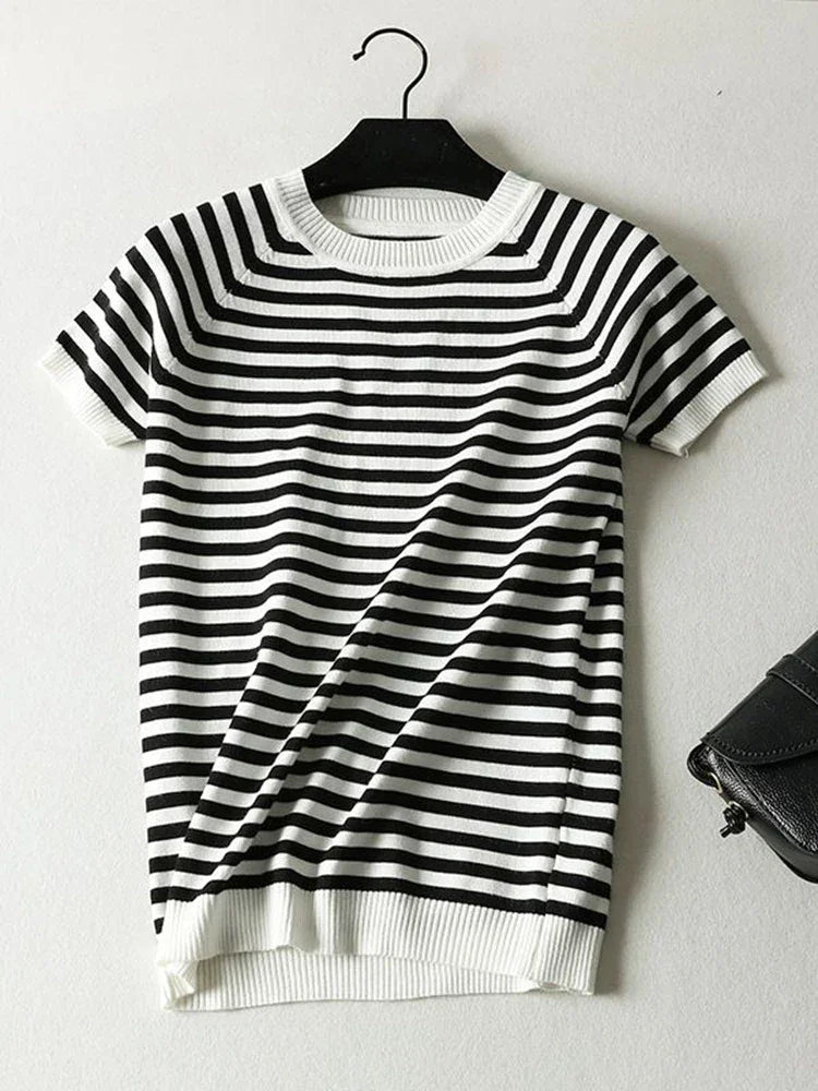 Short Sleeve Striped Sweater Knitted O-Neck Tops Korean Pull Jumper | tif-shop24.de