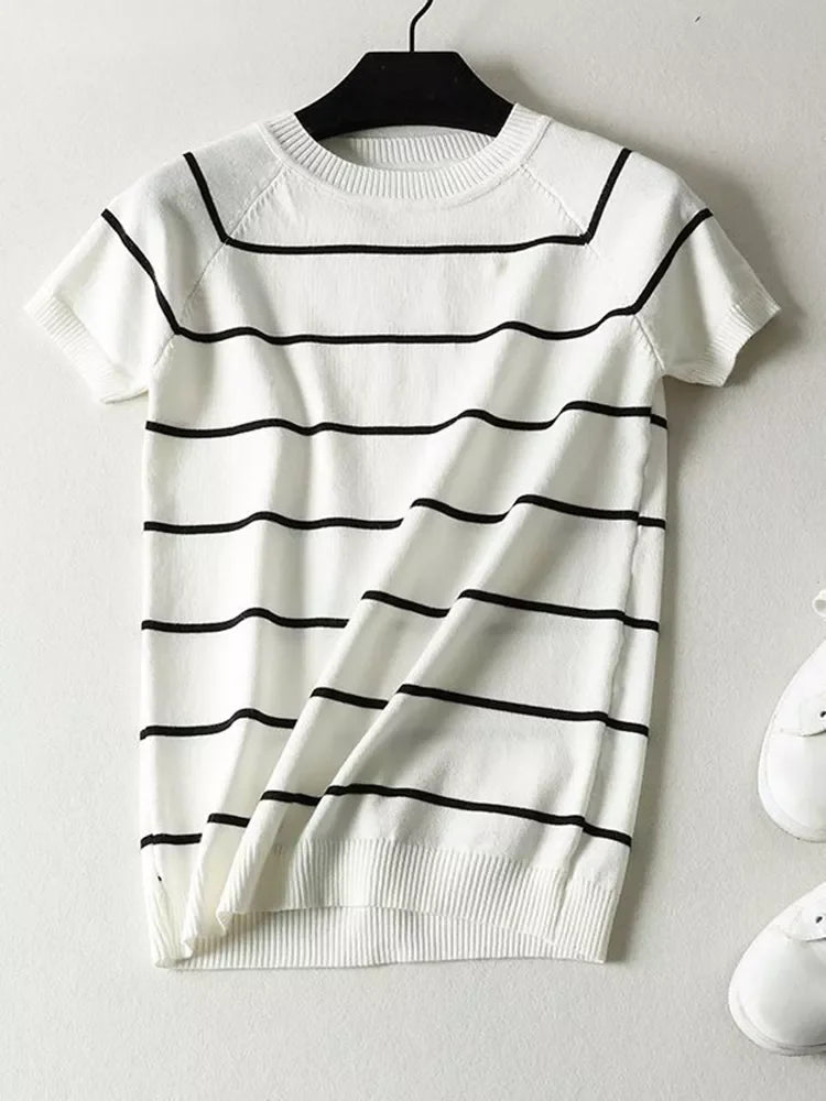 Short Sleeve Striped Sweater Knitted O-Neck Tops Korean Pull Jumper | tif-shop24.de