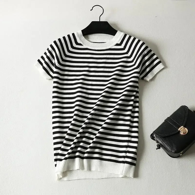 Short Sleeve Striped Sweater Knitted O-Neck Tops Korean Pull Jumper | tif-shop24.de