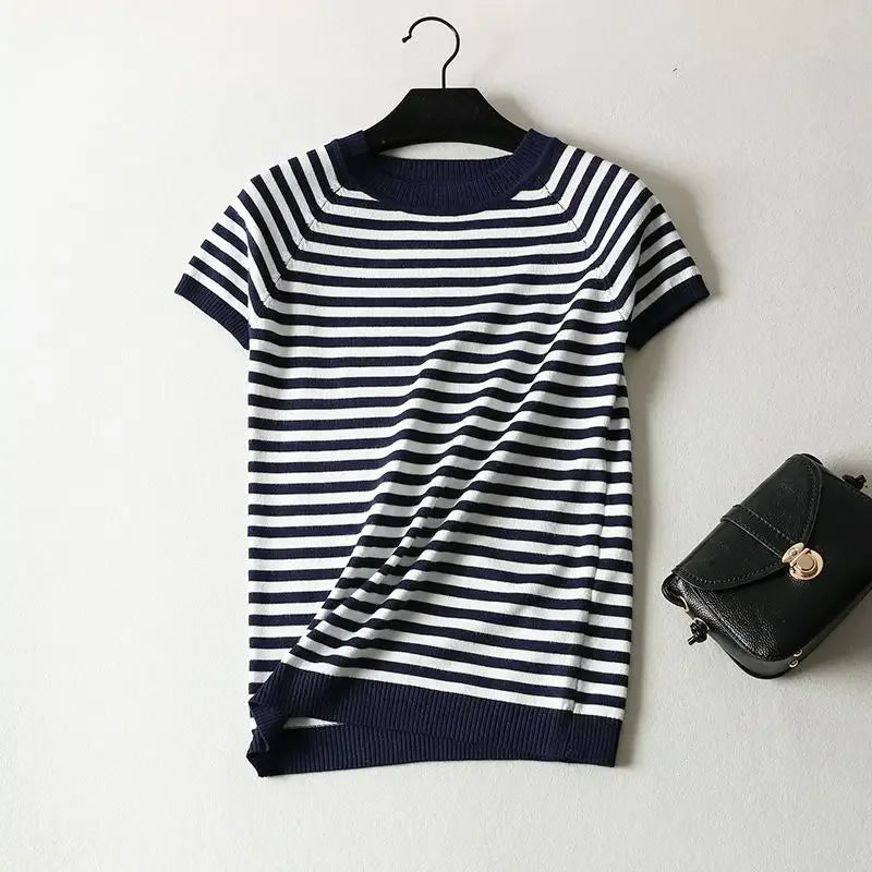 Short Sleeve Striped Sweater Knitted O-Neck Tops Korean Pull Jumper | tif-shop24.de