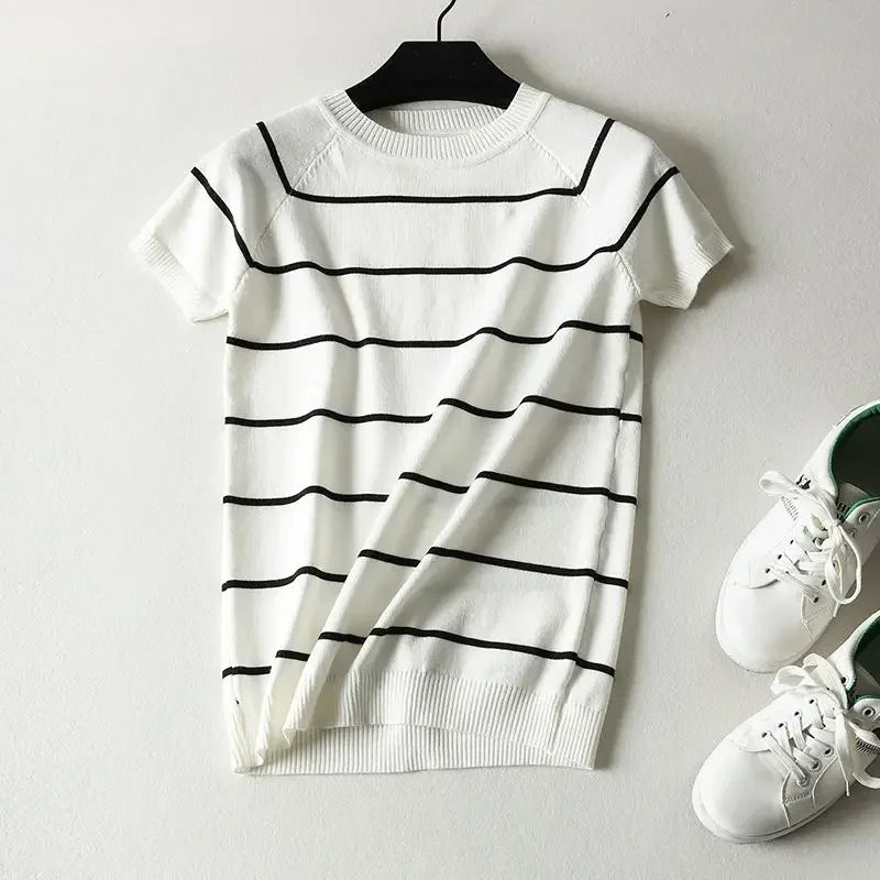 Short Sleeve Striped Sweater Knitted O-Neck Tops Korean Pull Jumper | tif-shop24.de