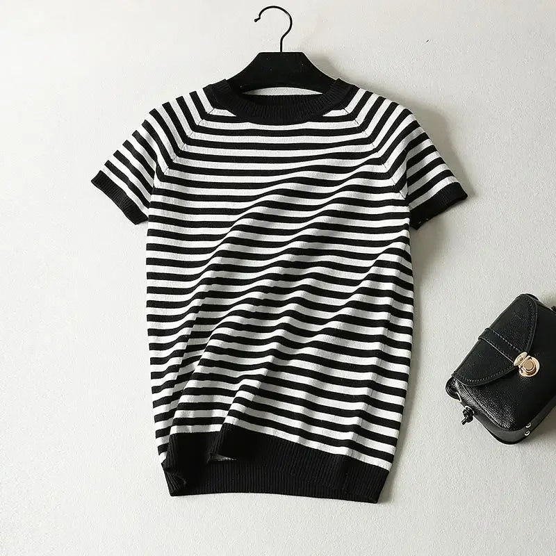 Short Sleeve Striped Sweater Knitted O-Neck Tops Korean Pull Jumper | tif-shop24.de