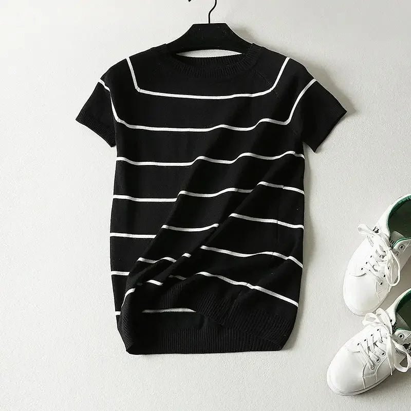 Short Sleeve Striped Sweater Knitted O-Neck Tops Korean Pull Jumper | tif-shop24.de
