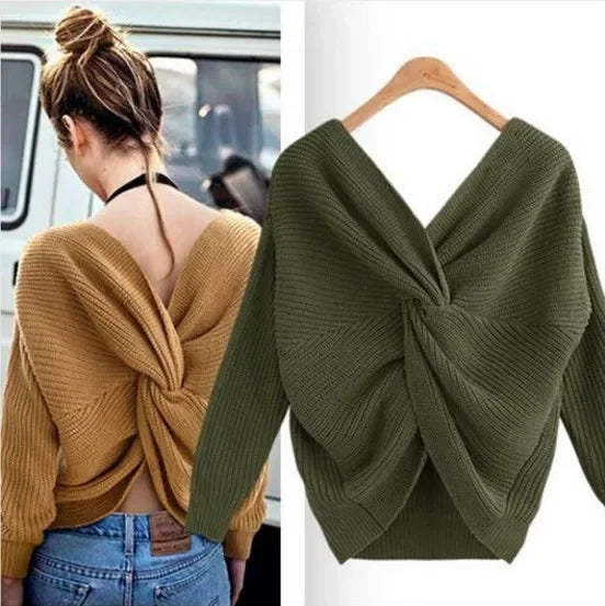 V Neck Beauty Back Knitted Jumper Pull Loose Sweater | tif-shop24.de