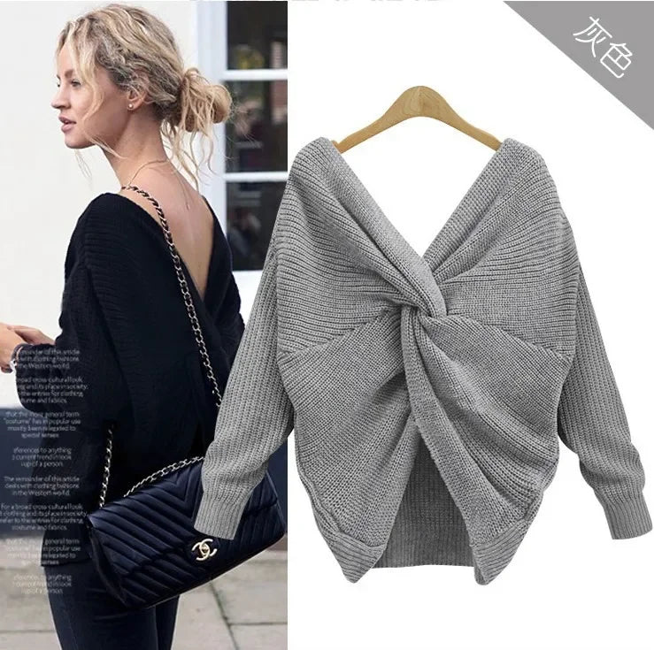 V Neck Beauty Back Knitted Jumper Pull Loose Sweater | tif-shop24.de