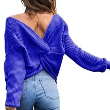 V Neck Beauty Back Knitted Jumper Pull Loose Sweater | tif-shop24.de