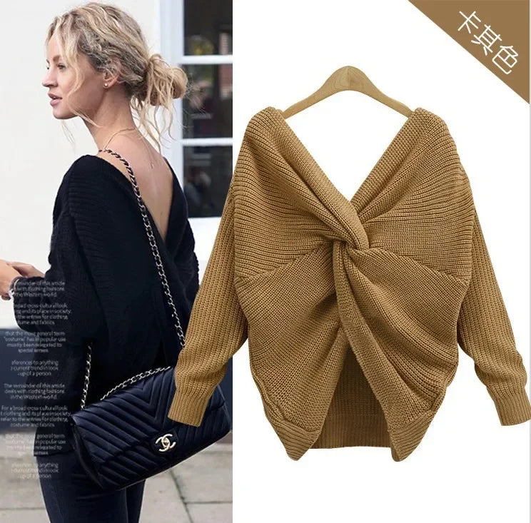V Neck Beauty Back Knitted Jumper Pull Loose Sweater | tif-shop24.de