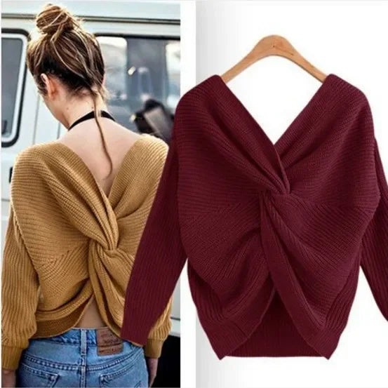 V Neck Beauty Back Knitted Jumper Pull Loose Sweater | tif-shop24.de