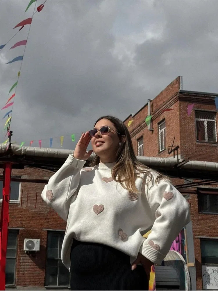 Loose New Heart Embroidery Knitted Pullover Fashion O Neck Long Sleeve Sweater | tif-shop24.de