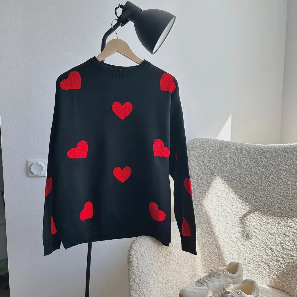 Loose New Heart Embroidery Knitted Pullover Fashion O Neck Long Sleeve Sweater | tif-shop24.de