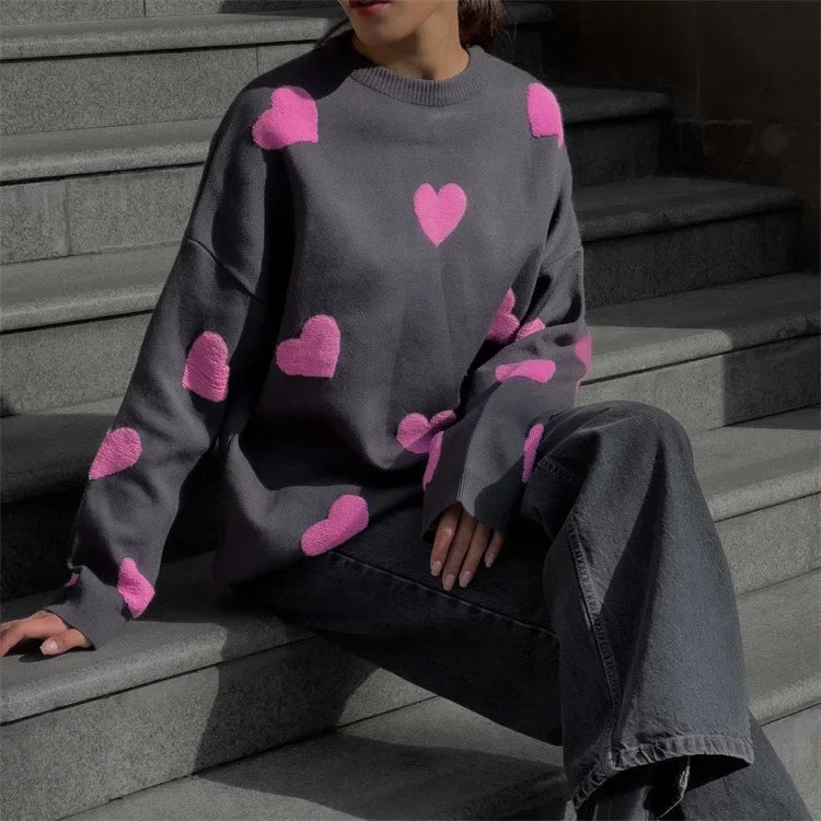 Loose New Heart Embroidery Knitted Pullover Fashion O Neck Long Sleeve Sweater | tif-shop24.de