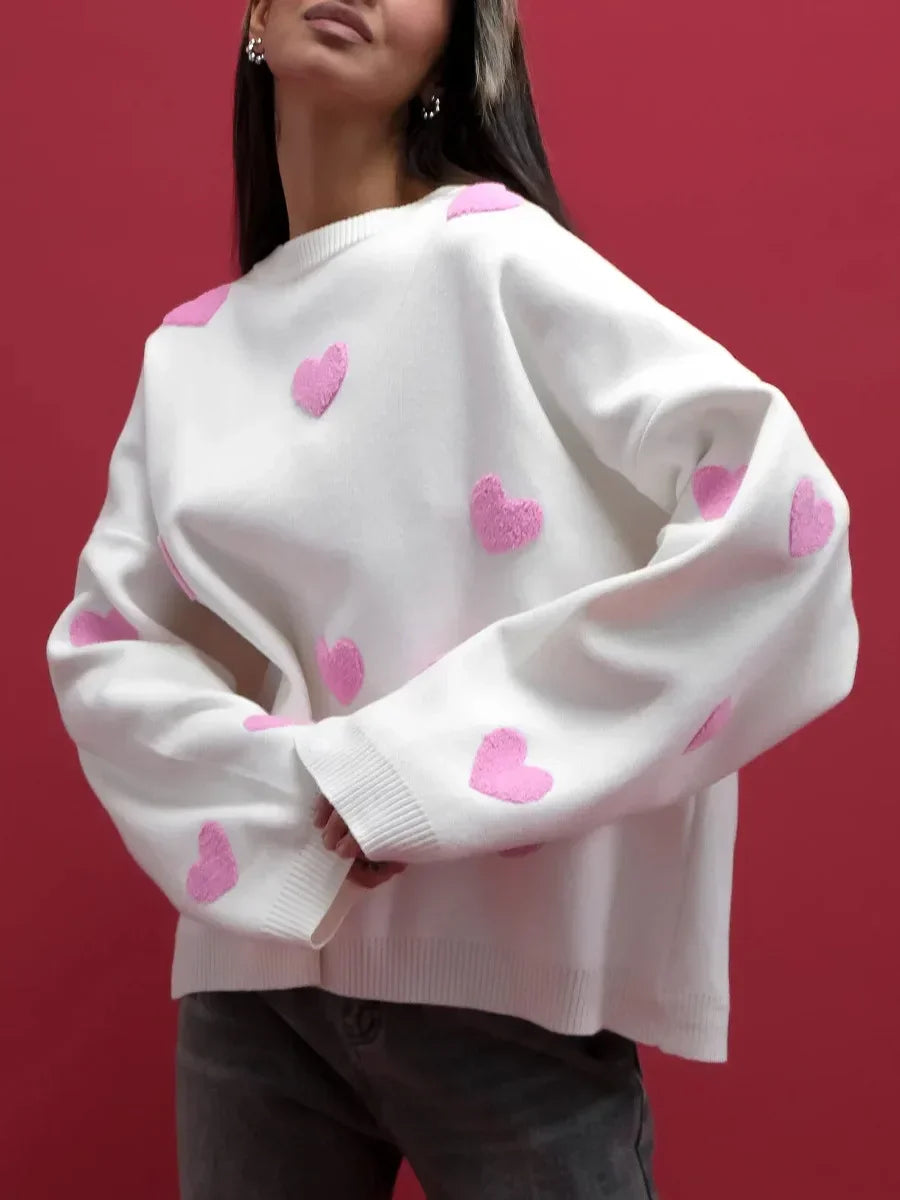 Loose New Heart Embroidery Knitted Pullover Fashion O Neck Long Sleeve Sweater | tif-shop24.de