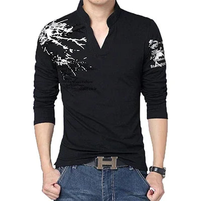 Neue Mode Blume Drucken V-Ausschnitt Langarm Casual T-Shirt - tif-shop24.de