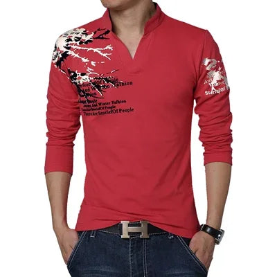 Neue Mode Blume Drucken V-Ausschnitt Langarm Casual T-Shirt - tif-shop24.de