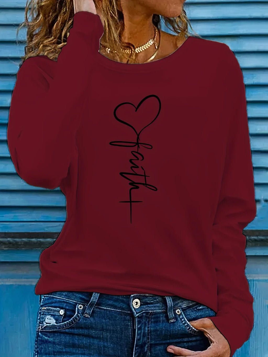 Rundhalsausschnitt Faith-Print Lässiges Langarm Top T-Shirt | tif-shop24.de