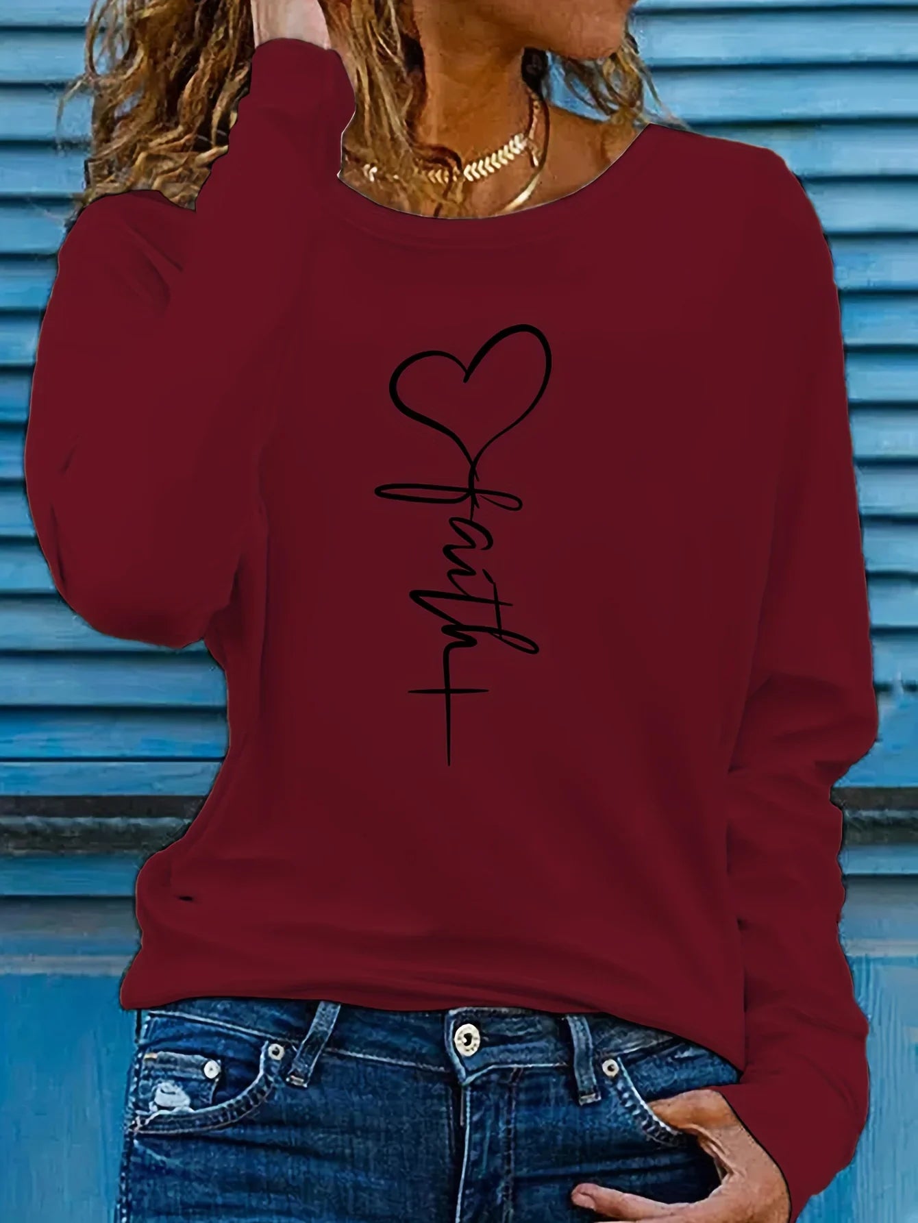 Rundhalsausschnitt Faith-Print Lässiges Langarm Top T-Shirt | tif-shop24.de