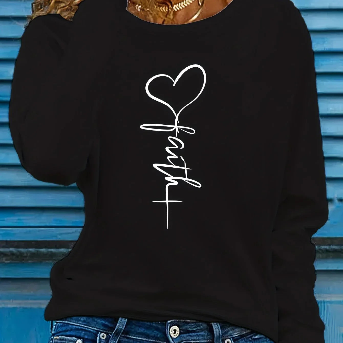 Rundhalsausschnitt Faith-Print Lässiges Langarm Top T-Shirt | tif-shop24.de