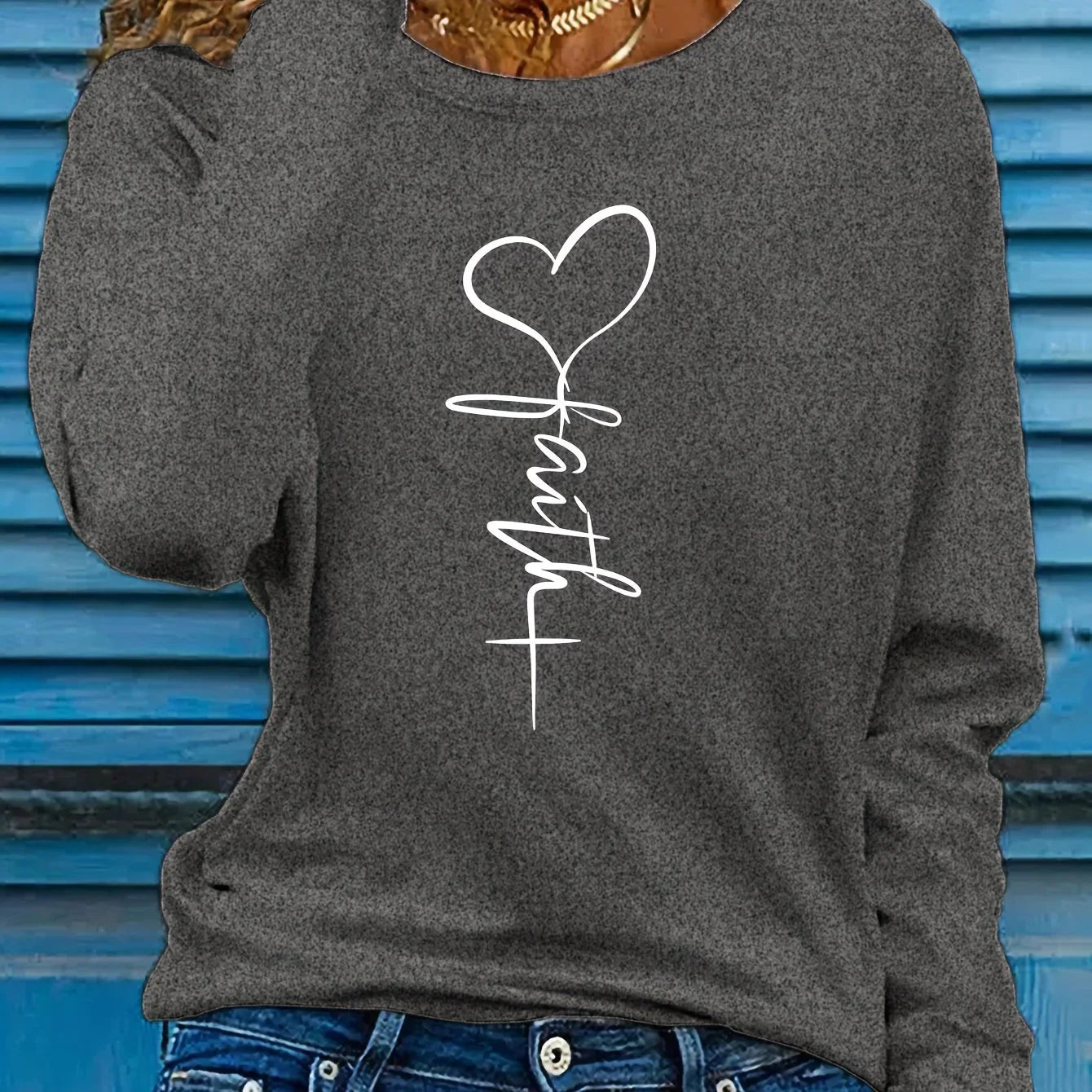 Rundhalsausschnitt Faith-Print Lässiges Langarm Top T-Shirt | tif-shop24.de