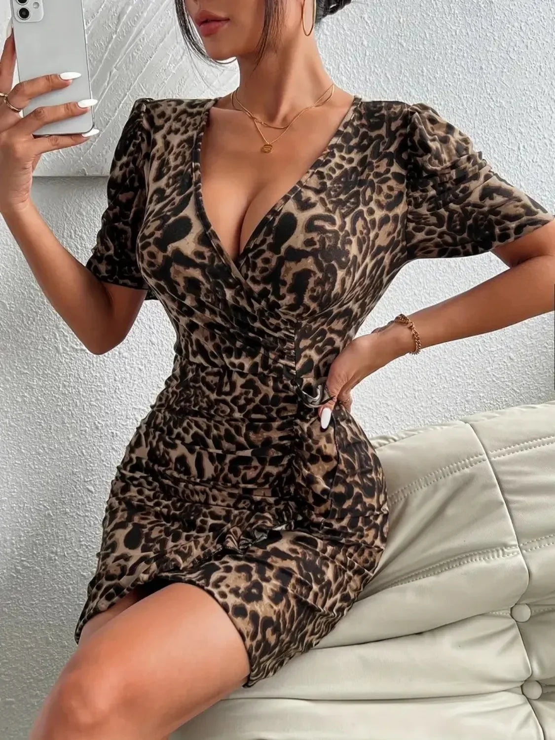 Ruffled Leopard Short Sleeve Mini Dress - tif-shop24.de