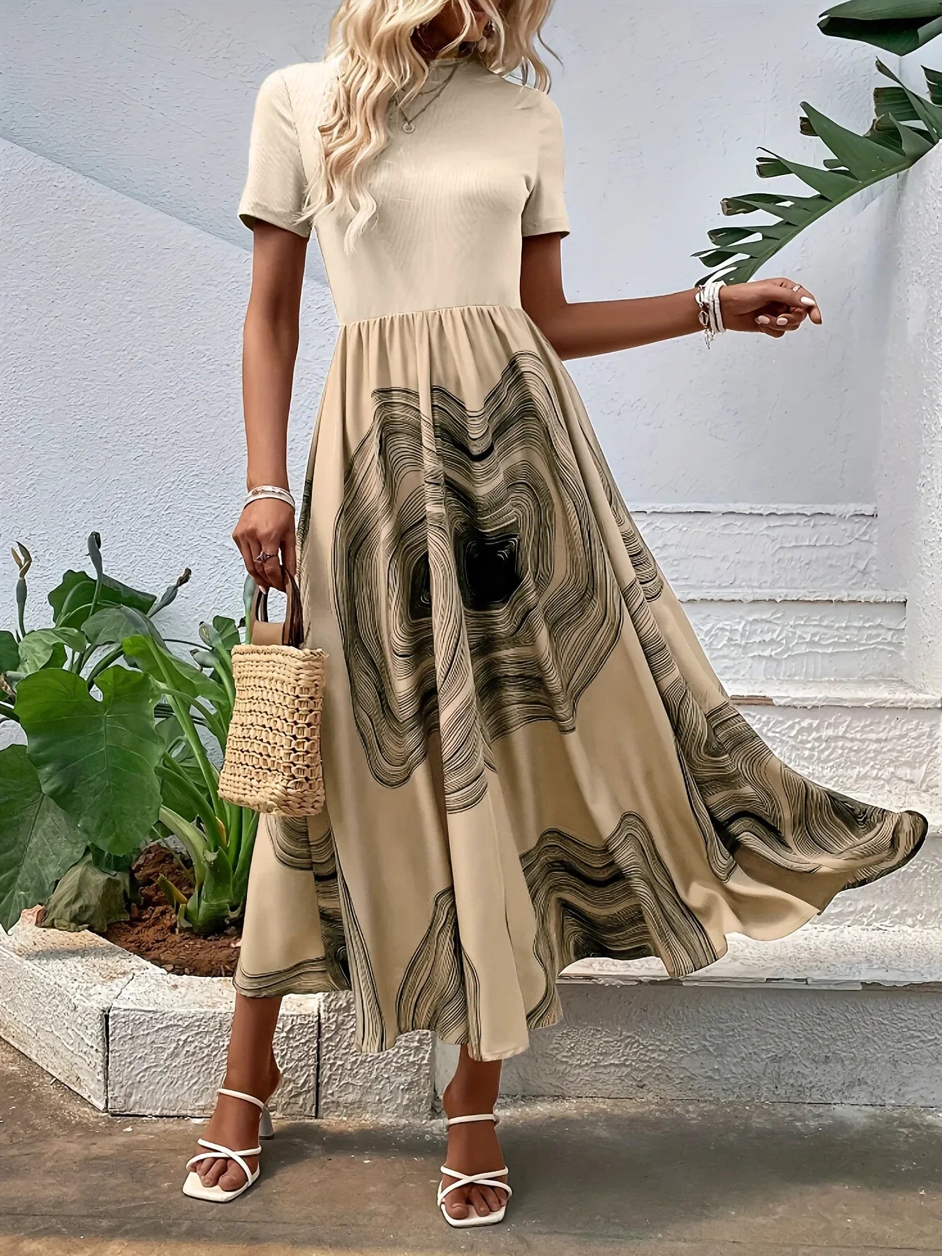 Printed Round Neck Short Sleeve Dress - tif-shop24.de