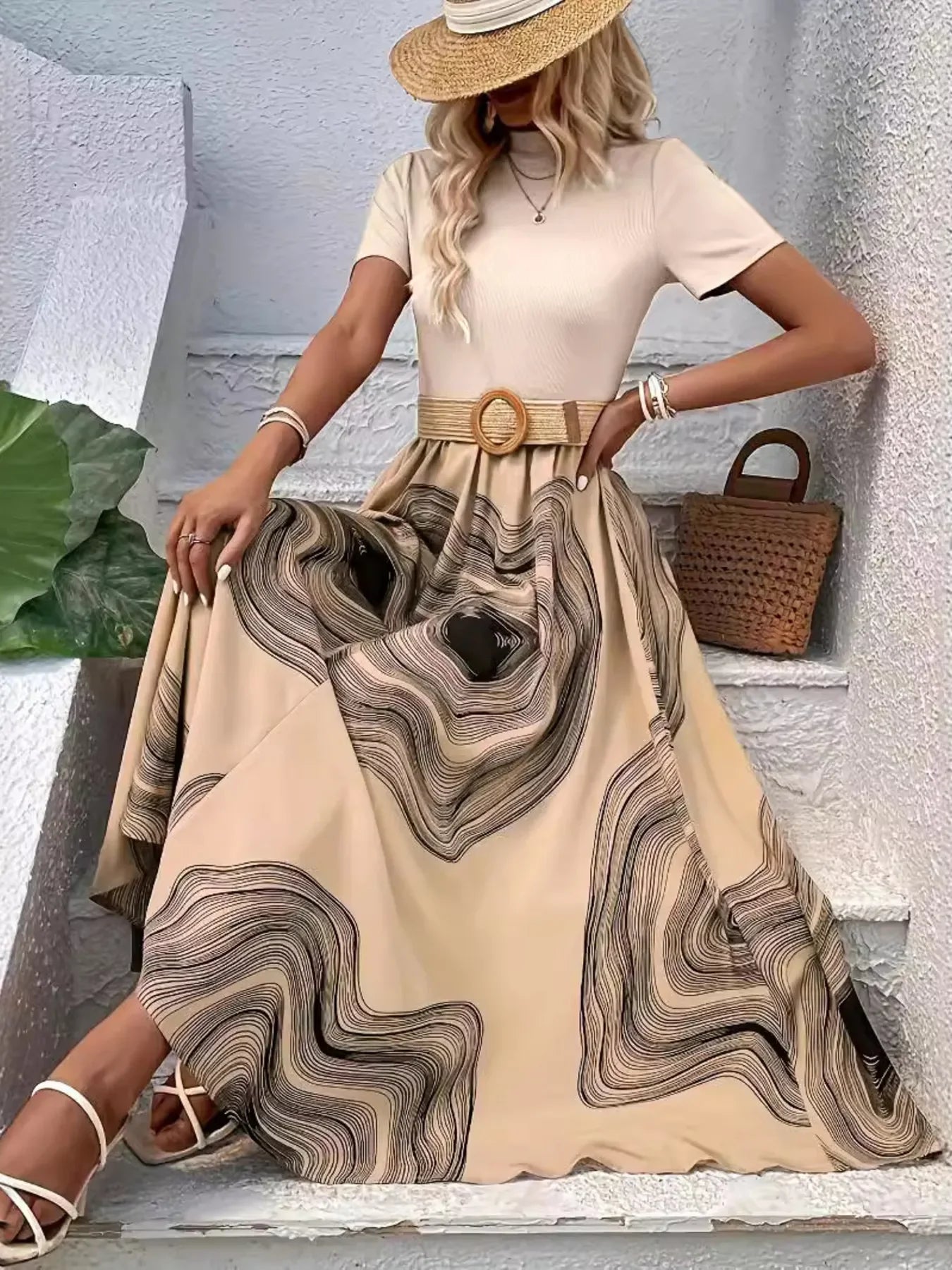 Printed Round Neck Short Sleeve Dress - tif-shop24.de