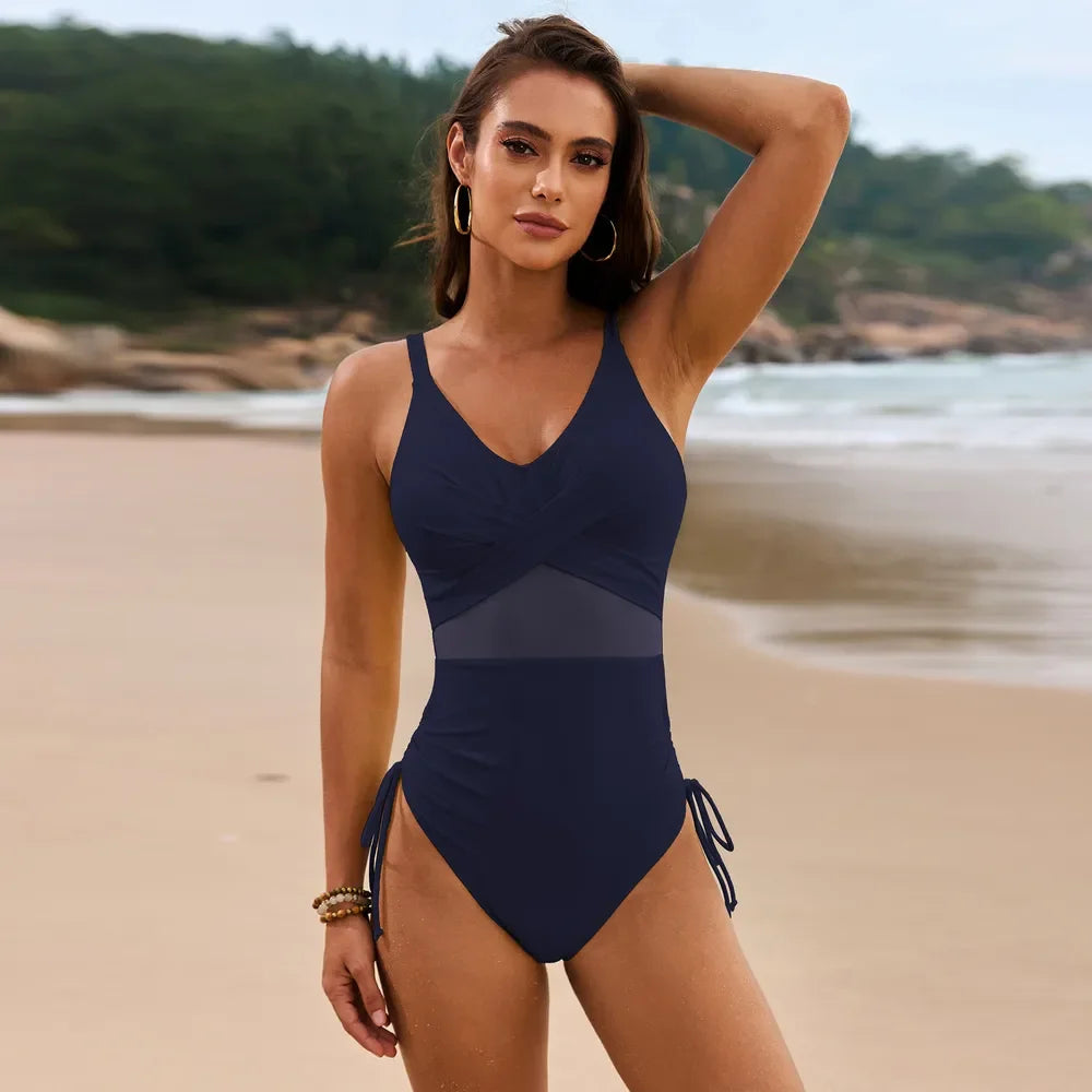 Drawstring Ruched V-Neck One-Piece Swimwear - tif-shop24.de