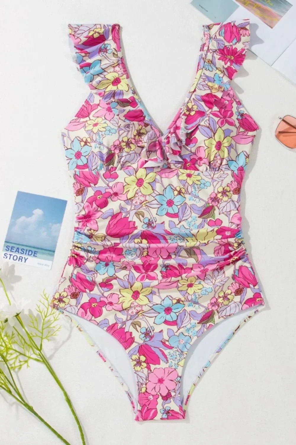 Floral Ruffle Trim Tummy Control One Piece Swimsuit - tif-shop24.de