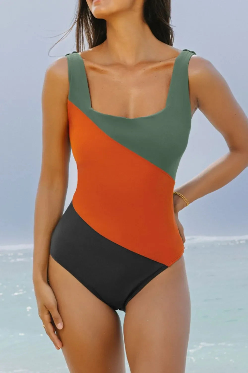 Color Block Padded Square Neck One Piece Swimsuit - tif-shop24.de