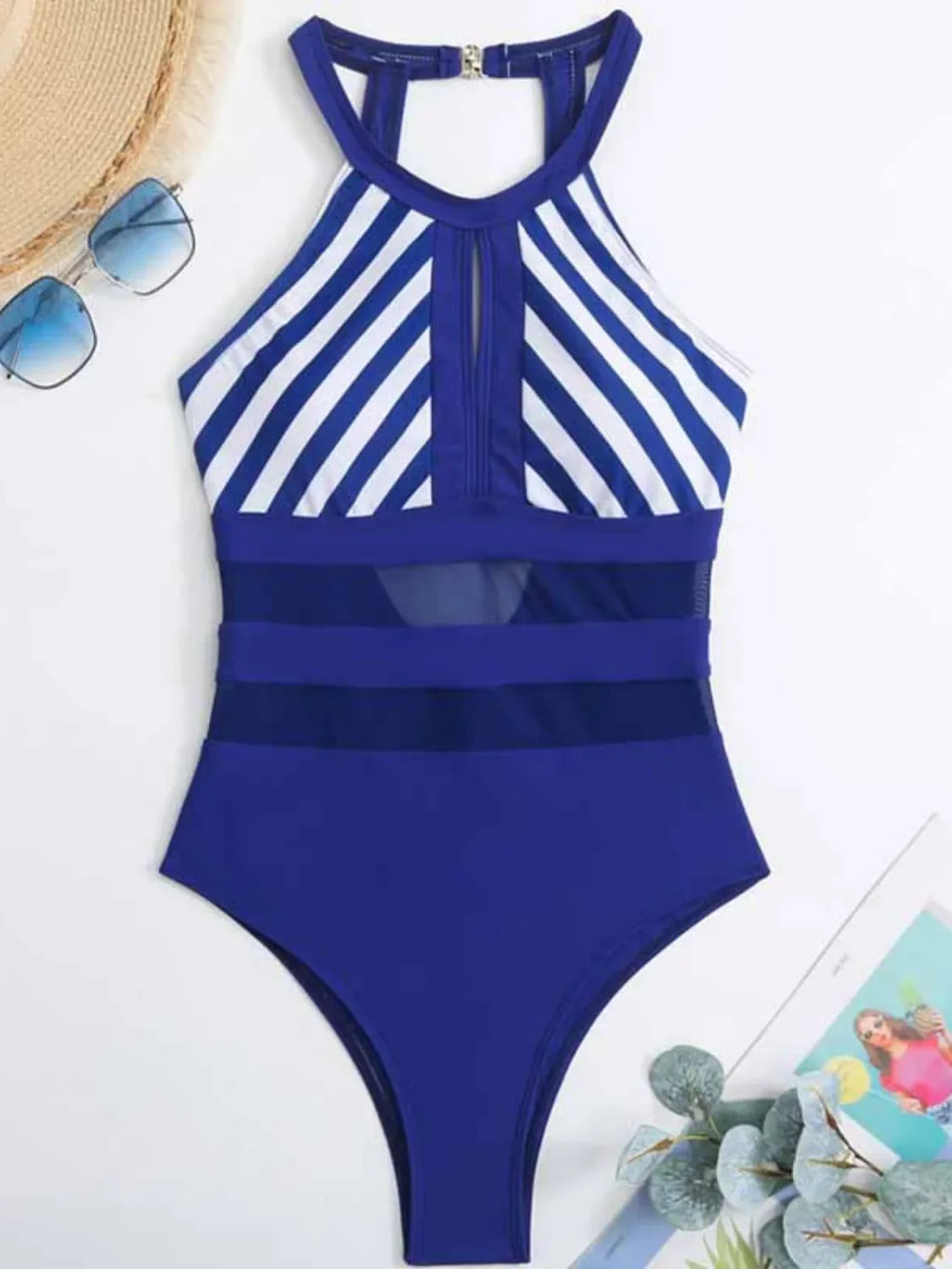 Mesh Detail Backless Striped One-Piece Swimsuit - tif-shop24.de