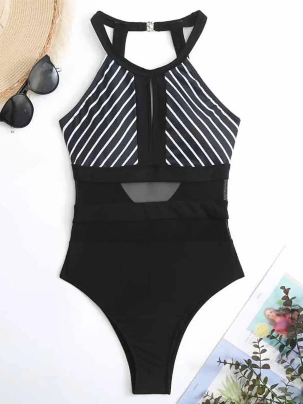 Mesh Detail Backless Striped One-Piece Swimsuit - tif-shop24.de